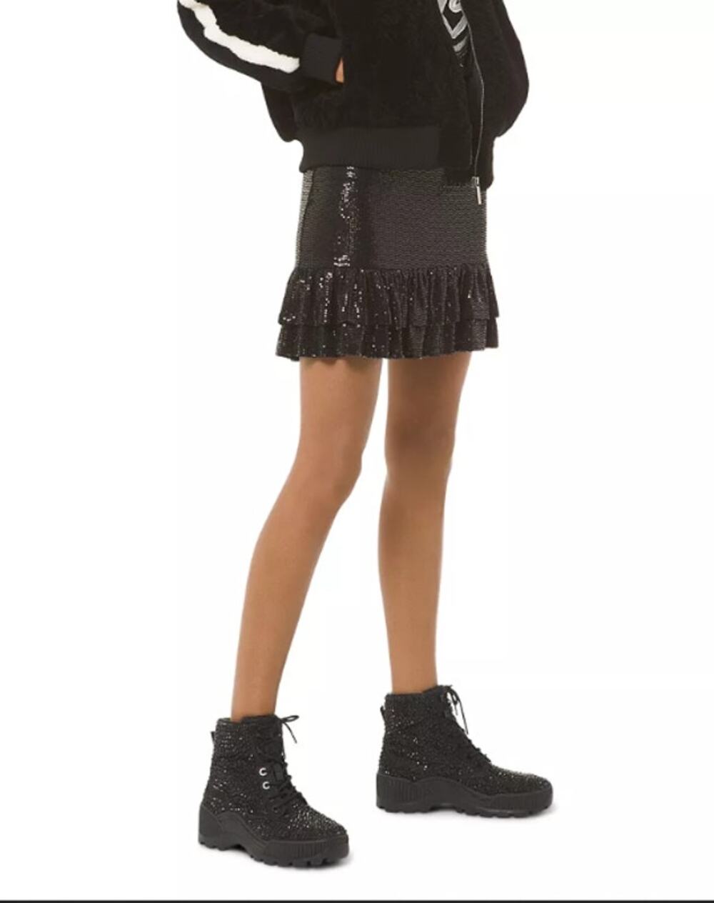 Michael Kors Metallic Dot Tiered Ruffle Mini Skirt Small NWT Black Silver Disco